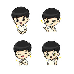 Collection set Cute and polite boy mascot cartoon character in many pose