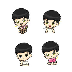 Collection set Cute and polite boy mascot cartoon character in many pose