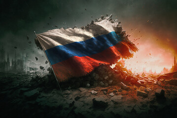 Torn russian flag in desolated and abandoned city during war cinematic illustration at sunset with explosions on background. Apocalypse conflict concept 