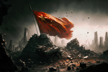 Torn сhinese flag in desolated and abandoned city during war cinematic illustration at sunset. Apocalypse conflict concept  - obrazy, fototapety, plakaty