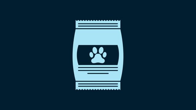 White Bag of food for pet icon isolated on blue background. Food for animals. Pet food package. Dog or cat paw print. 4K Video motion graphic animation