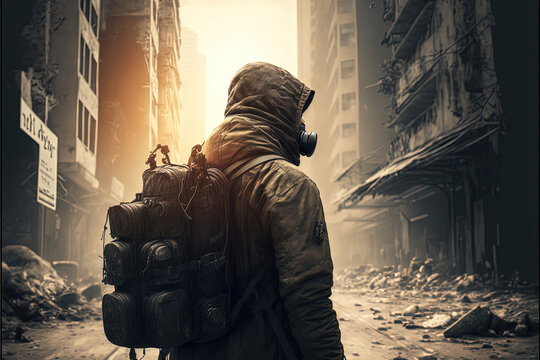 Stranger with backpack in post apocalyptical city