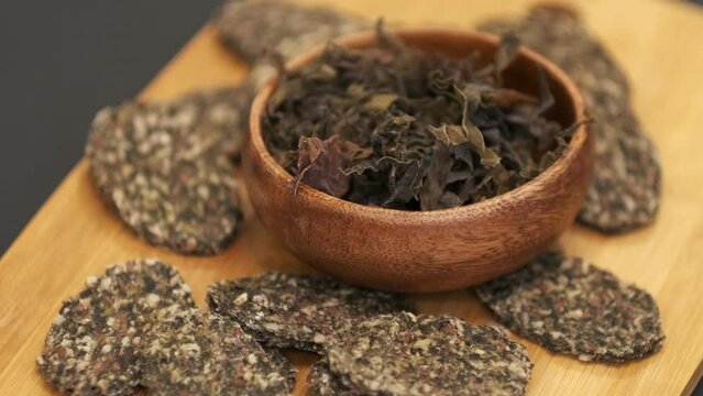 dried seaweed, kelp chips, healthy snacks. Vegetable and Seaweed Chips. video stock footage