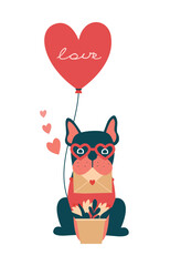 Cute french bulldog in glasses sitting with balloon in shape of heart, love letter in teeth and bouquet of flowers. Lovely clipart for card to Valentine's Day, Happy Birthday. Flat vector illustration