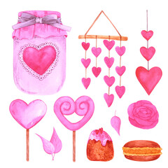 Hand drawn watercolor valentine set. St. Valentine's decorative element. Scrapbook desing, lable, banner, post card.