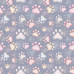 Watercolor seamless pattern. Hand painted illustration of colorful paws of dog, wolf, cat. Kitten, puppy footprints. Animal pawprint. Print on grey background for fabric textile, packaging, postcard