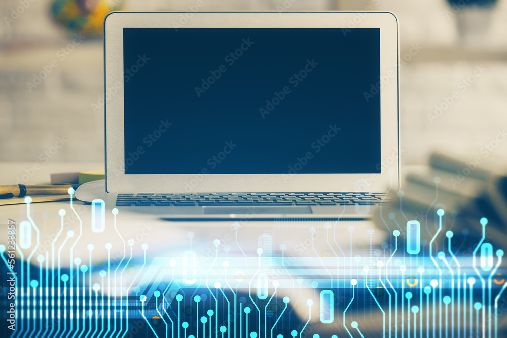 Poster Multi exposure of desktop computer and technology theme hologram. Concept of software development.