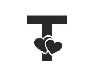 letter t with two hearts. text element for valentine's day design. romantic and love symbol