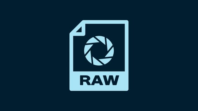 White RAW file document. Download raw button icon isolated on blue background. RAW file symbol. 4K Video motion graphic animation