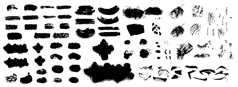Gran colección de trazos de pincel con pintura negra, trazos reales hechos a mano con formas variadas, sucias, grunge. Conjunto de trazos vectoriales en color negro