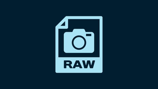 White RAW file document. Download raw button icon isolated on blue background. RAW file symbol. 4K Video motion graphic animation