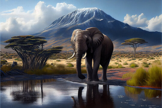 Elephant in the water, digital painting art. Generative Ai.