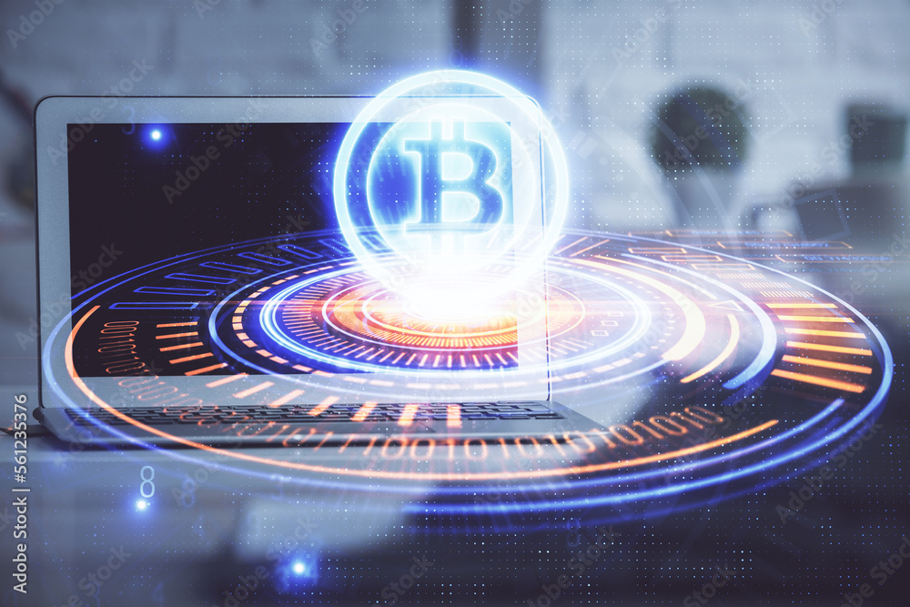 Poster Multi exposure of blockchain and crypto economy theme hologram and table with computer background. Concept of bitcoin cryptocurrency.