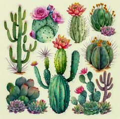 set of cacti, aloe and leaves. Decorative natural elements. Cactus with flowers. botanical illustration. Generative AI
