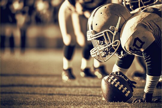 Close up of an american football on the field, players in the background - retro styled photo. Generative AI