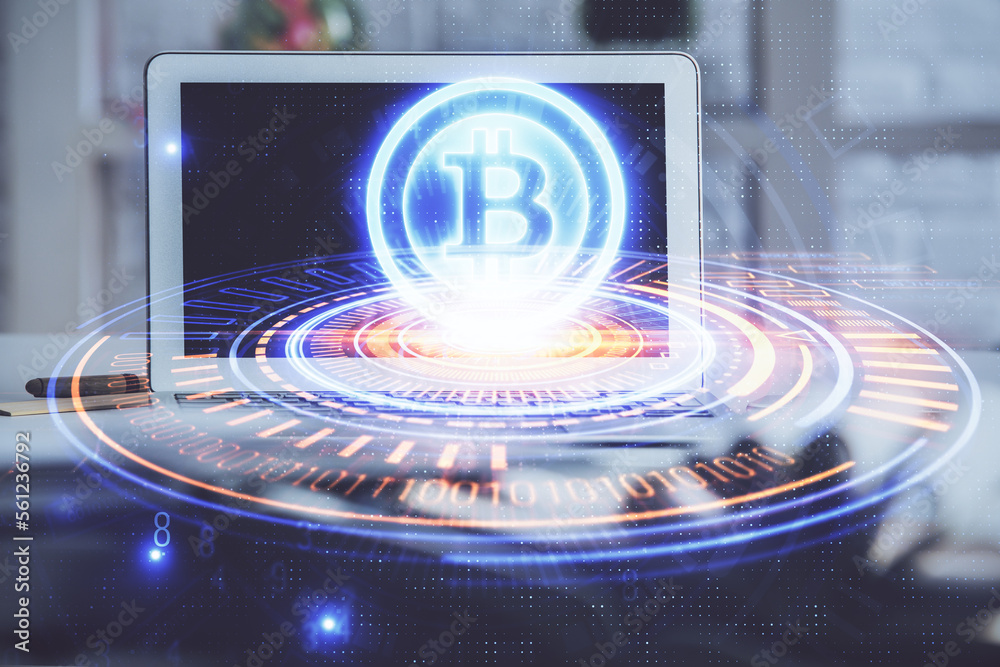Poster Multi exposure of blockchain and crypto economy theme hologram and table with computer background. Concept of bitcoin cryptocurrency.