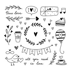 Fototapeta premium Cute love theme vector illustrations. Hand drawn love doodles