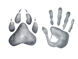 Watercolor illustration of hand painted grey hand print of man, woman, child and paw of wolf with claws. Foot print of dog. World Animal Day. Human and animal friendship. Isolated clip art - obrazy, fototapety, plakaty