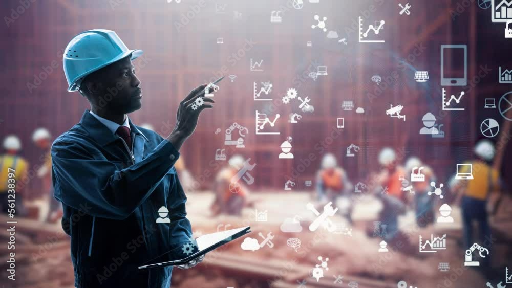 Poster engineer working in construction site and digital technology concept.