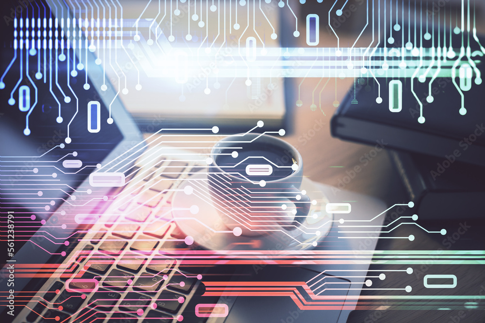Aufkleber Double exposure of desktop computer and technology theme hologram. Concept of software development.