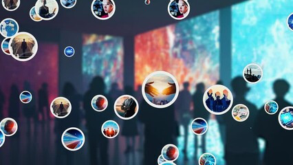 Group of people in virtual museum concept. 