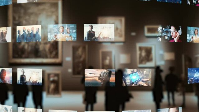 Group of people in virtual museum concept. 