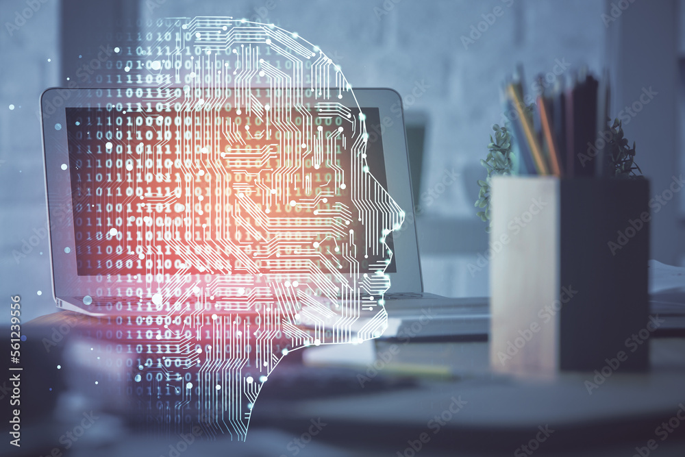 Poster multi exposure of work space with computer and human brain hologram. brainstorm concept.