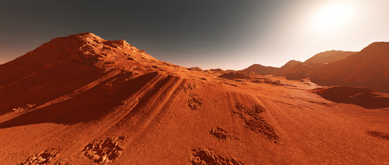Fototapeta na wymiar Mars landscape, 3d render of imaginary mars planet terrain, orange red eroded mars surface, science fiction illustration.