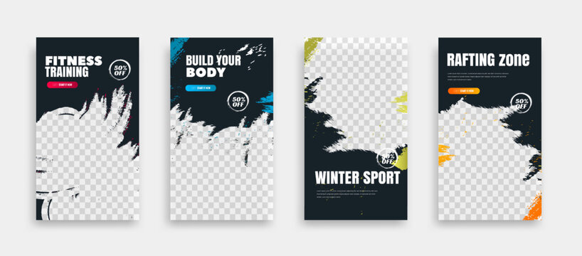 posts on social media vector illustration. Stylish graphics templates posts. dynamic abstractions typography photo. modern art paint and brush stains, fitness subjects gym. design frame post Template