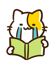 本の内容に感動して涙を流すかわいいねこのキャラクターの上半身イラスト