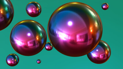 Shiny colored balls abstract background, 3d purple blue metallic glossy spheres wallpaper.