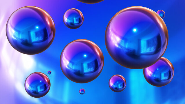 Shiny colored balls abstract background, 3d purple blue metallic glossy spheres wallpaper.