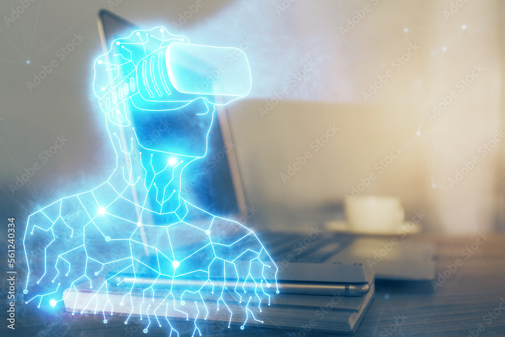 Poster Computer on desktop with AR theme icon. Multi exposure. Concept of augmented reality.