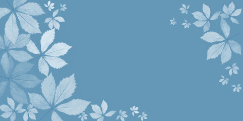 Autumn or winter banner with place for text. Floral pattern from the leaves of wild grapes. Blue background, frozen leaves effect.