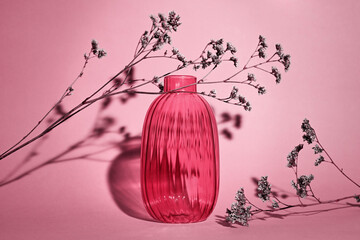 Composition with dried flowers and transparent vase. The vase and dried flowers cast a beautiful...