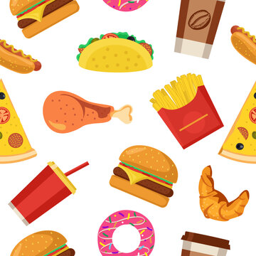 Fast food flat style seamless pattern. Flat minimalist geometric fast food symbol artwork poster with colorful simple shapes. Abstract pattern of junk food. Vector background for your design.