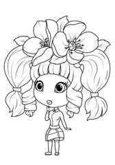 Girl with flowers in her hair. Princess jasmine Coloring book for children. Vector illustration 