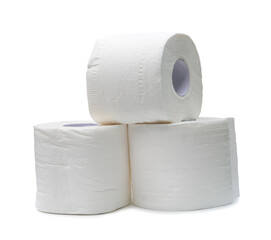three rolls of white tissue paper or napkin in stack prepared for use in toilet or restroom isolated on white background with clipping path in png file format with shadow