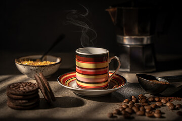 A hot cup of coffee emitting steam surrounded by coffee beans, cookies and brown sugar.