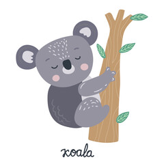 Obraz na płótnie Canvas Cute sleeping baby koala bear on a tree branch. Australian animal vector illustration.