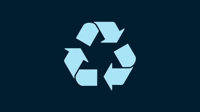 White Recycle symbol icon isolated on blue background. Circular arrow icon. Environment recyclable go green. 4K Video motion graphic animation