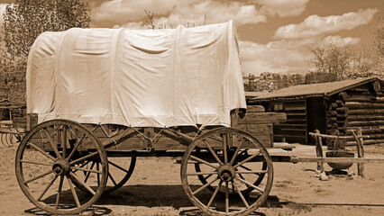 Simulated old photograph of wagons on the Oregon trail	