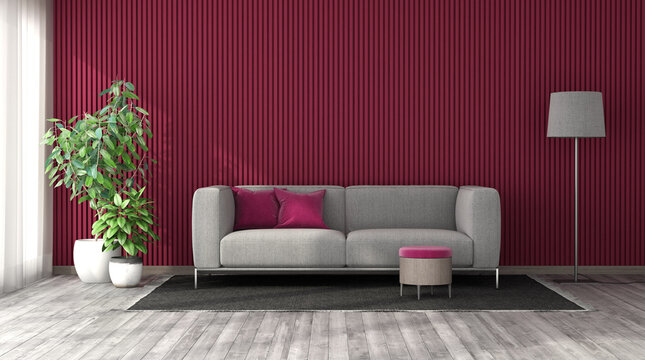 Living room with viva magenta cladding panels