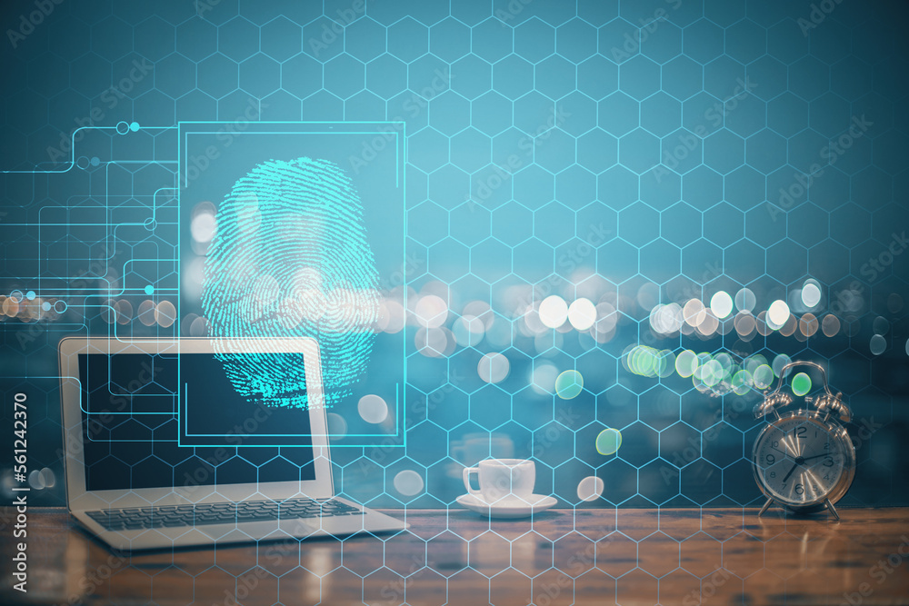 Poster computer on desktop in office with finger print drawing. double exposure. concept of business data s