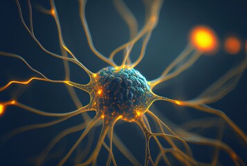 Neurons cells with glowing light. Neuroscience. Generative AI