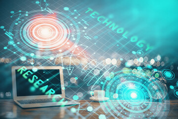 Multi exposure of computer on background and technology theme drawing. Concept of innovation.