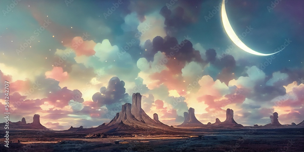 Wall mural Fairy tale life on another planet sky landscape abstraction background, Generative AI