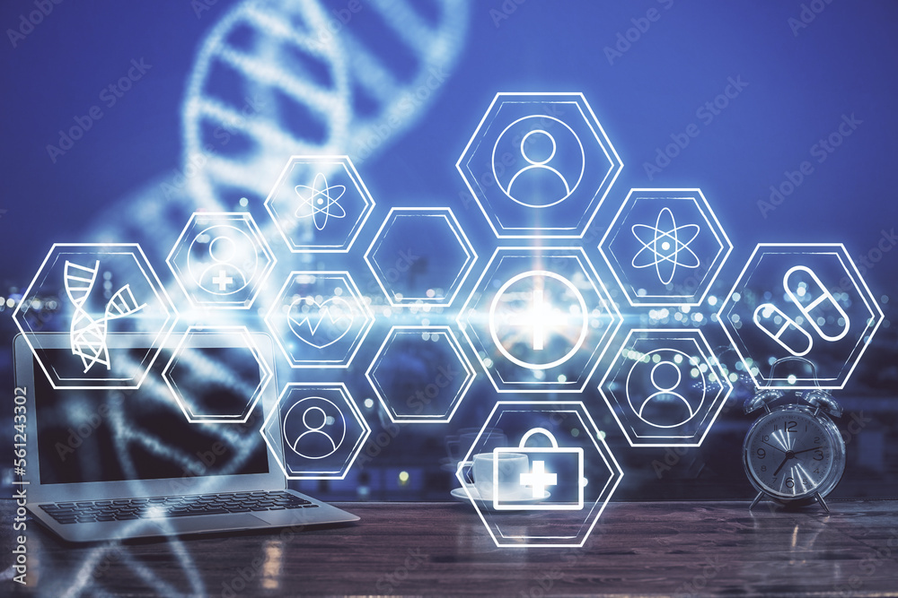 Aufkleber desktop computer background and dna drawing. double exposure. science concept.