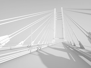 Suspension bridge perspective view, white digital model, 3d render