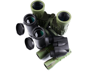 New binoculars isolated on white background. Flat lay, top view